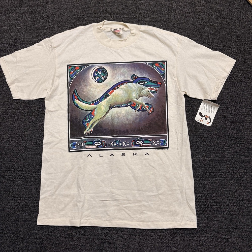 Vintage Deadstock WOLF Alaska Leslie Drake Robinson 90s ONEITA Single Stitch